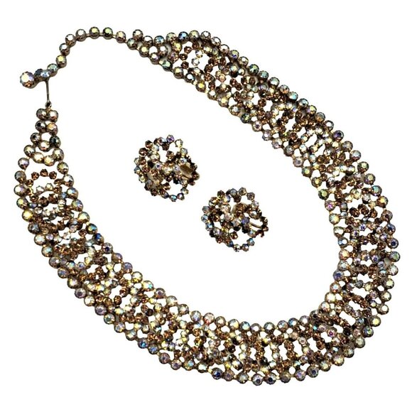 Kramer Jewelry - Vintage Kramer Jewelry Set Rhinestone Necklace Earrings Champagne Topaz Aurora B